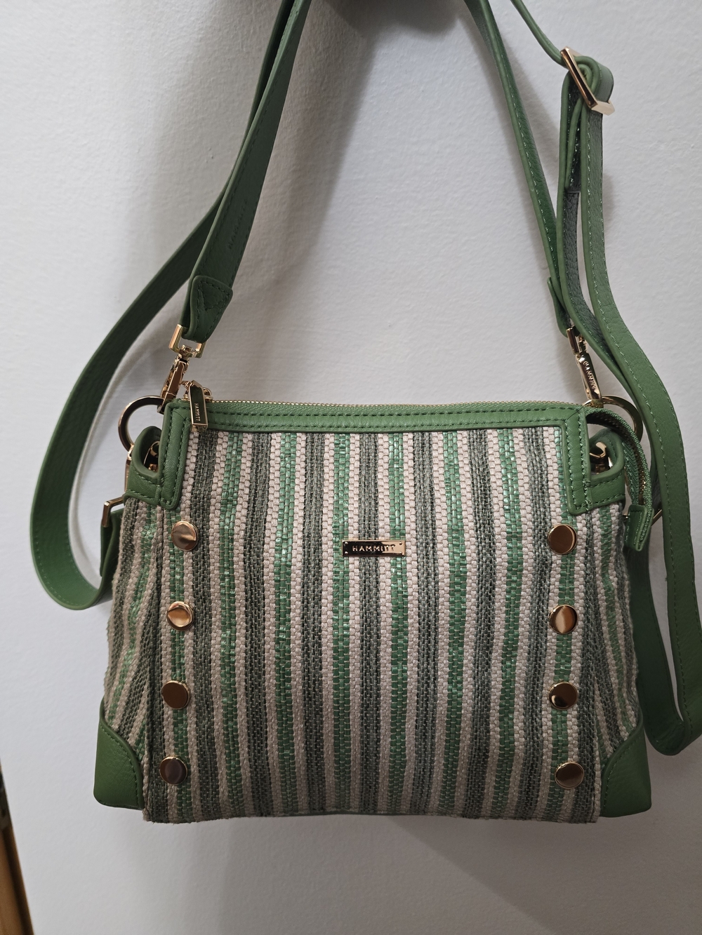 Hammitt Bryant Medium Crossbody Bag Pickle Stripe Green Gold Studs BOTH STRAPS